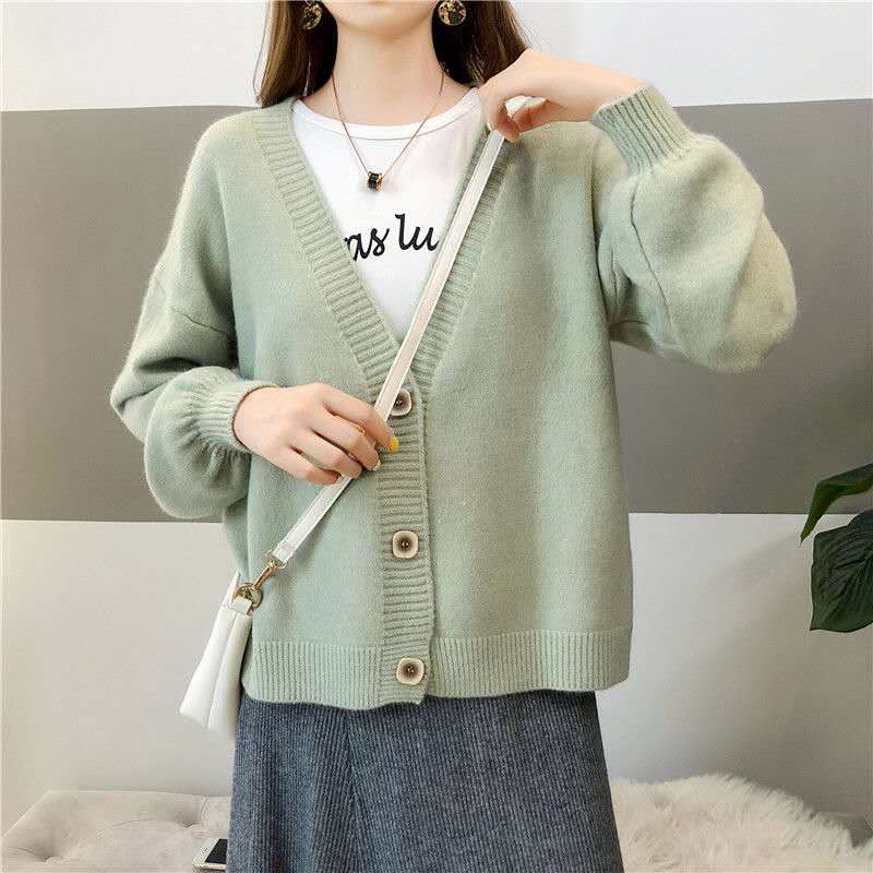 Lantern Sleeve V-Neck Sweater Cardigan women's spring 2020 new loose student top Short Knitwear small coat