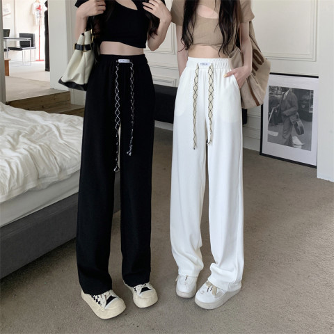 Design sense elastic drawstring casual pants spring and summer  new high waist slim sports wide leg pants women