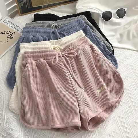 Waffle sports shorts women's summer Korean version elastic waist loose and thin a-word wide leg hot pants home pants