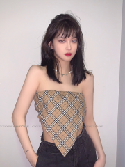 Summer 2022 Vintage Hong Kong Style Plaid square towel bra top net red silk scarf wrap chest vest sling