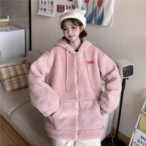 Real shot cashmere zipper Hooded Jacket Women's loose medium length Plush thickened cardigan winter coat