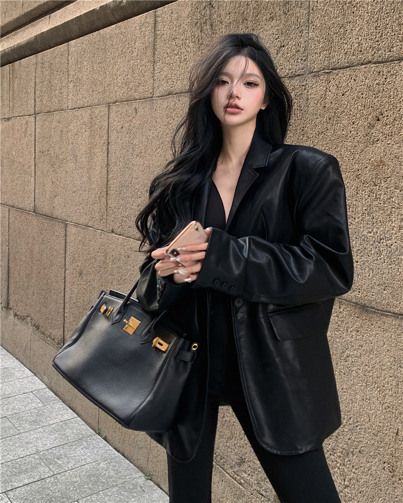 Real shot real price cool sassy leather suit jacket female temperament fried street handsome motorcycle jacket long-sleeved top
