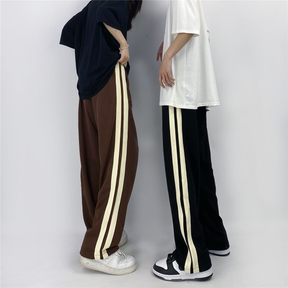 Official map Ribbon sports pants casual pants men and women loose wide-leg pants all-match straight side striped thin trousers