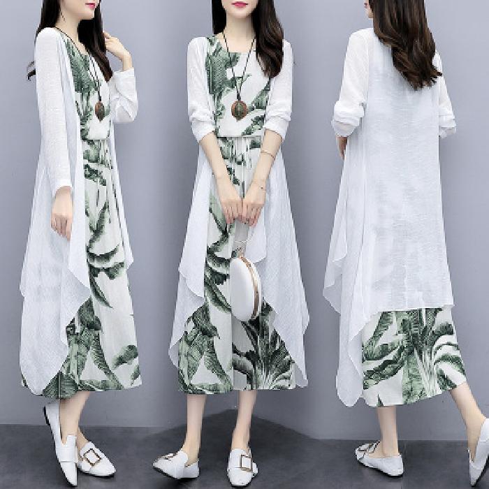 Hemp dress loose national style ink painting two piece linen knee vest suit skirt