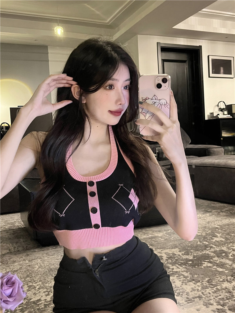 Pure desire style sexy backless bottoming top 2023 summer hot girl hanging neck knitted camisole female icy silk