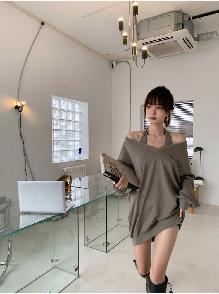 New halter vest skirt + V-neck off-the-shoulder lazy mid-length women's sweater two-piece suit