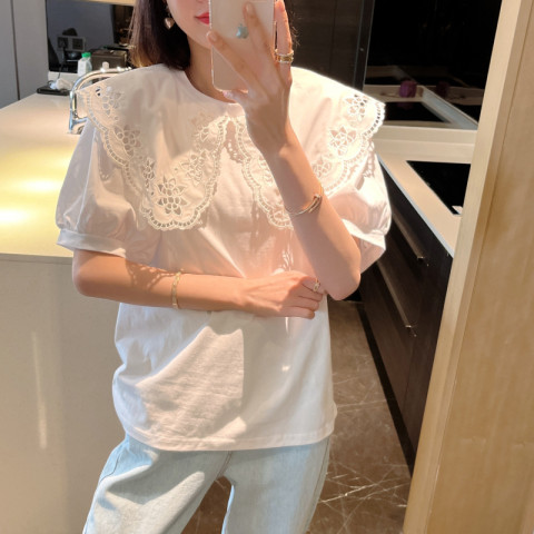 Large women's summer hollowed out lotus leaf petal collar loose white short sleeve T-shirt fat MM200 Jin 300