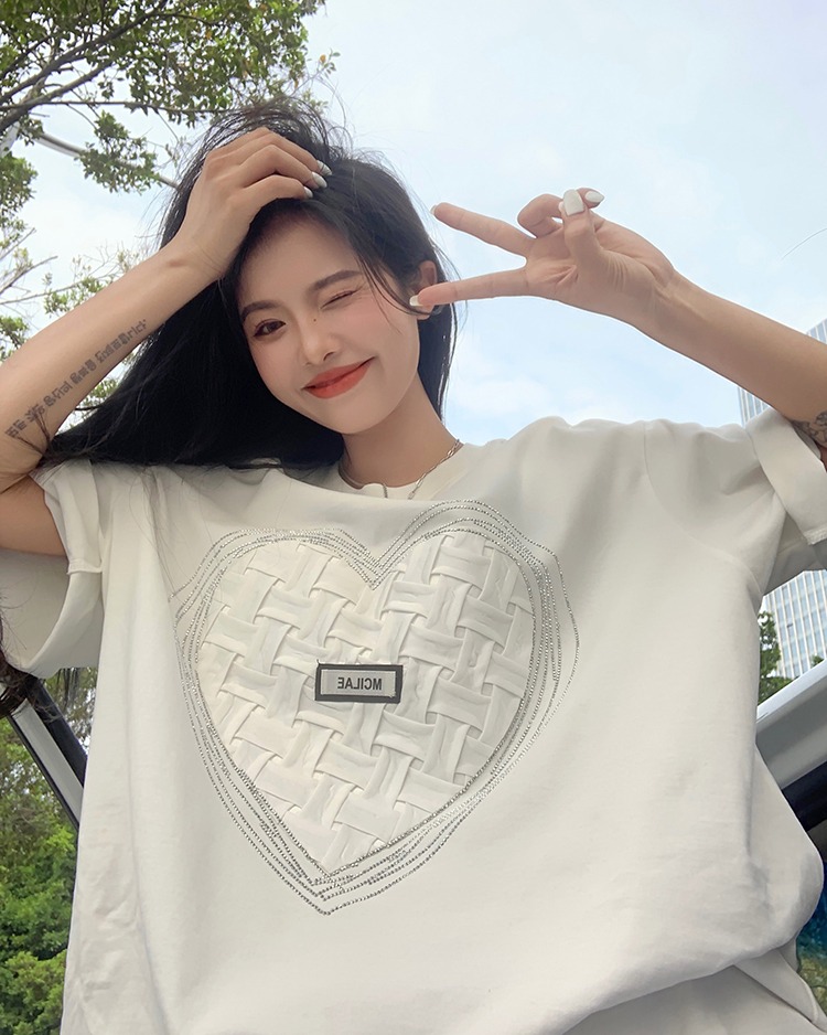 2022 short sleeved T-shirt women's loose round neck top hot drilling heavy industry paste cloth summer women's wear