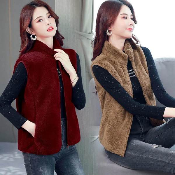 Vest women's short autumn and winter double-sided cashmere vest coat zipper sleeveless thickened warm shoulder large loose mother