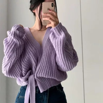 Korean version of the fashionable new lazy style V-neck lace taro purple thick needle sweater lace-up knitted cardigan