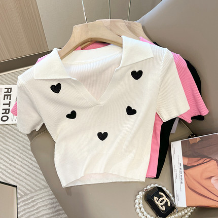 Love Printed Polo Ice Silk Knitted Shirt V-Neck Short Sleeve T-shirt Women's 2022 Summer Skinny Short Top ins Tide