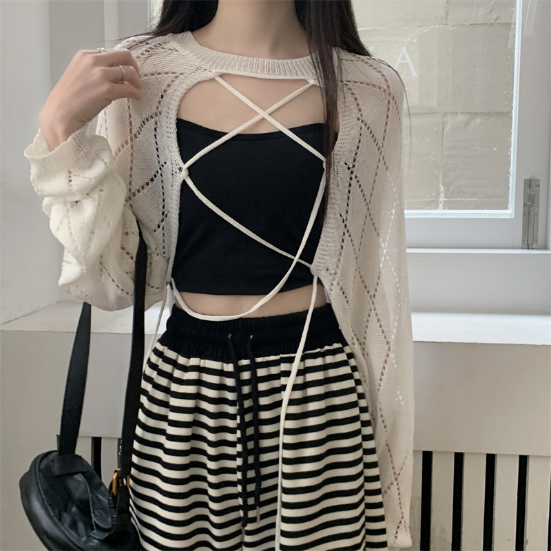 Real shooting and real price summer new hollow out Pullover sunscreen knitted bandage Blouse Top