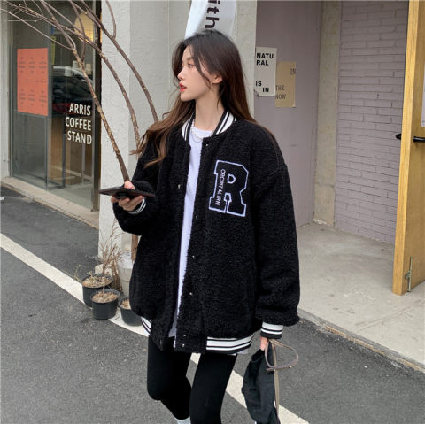 Baseball jacket cotton jacket women's winter 2022 new style quilted thickened imitation lamb wool embroidery cotton jacket top