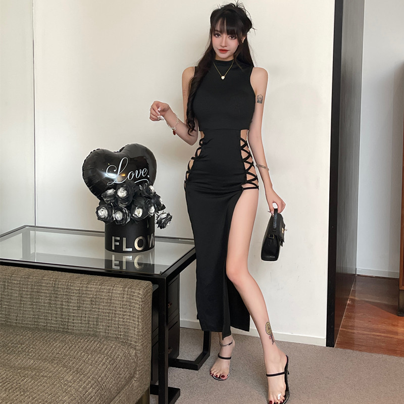 Real shot ~ European and American hot girls hollow out sexy new solid color strappy high waist dress female