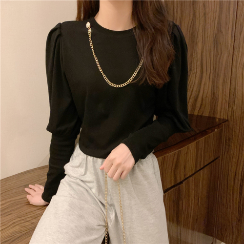 New design sense of real shooting and real price long sleeve chain T-shirt with thin temperament and high collar