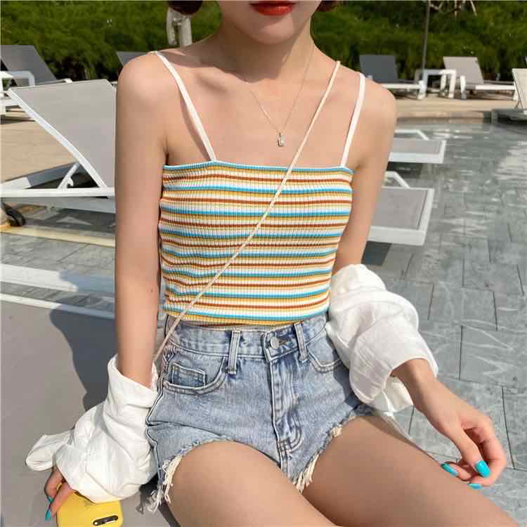 Elegant style fashion color matching small suspender vest Korean Short slim foreign style striped bottom coat summer new