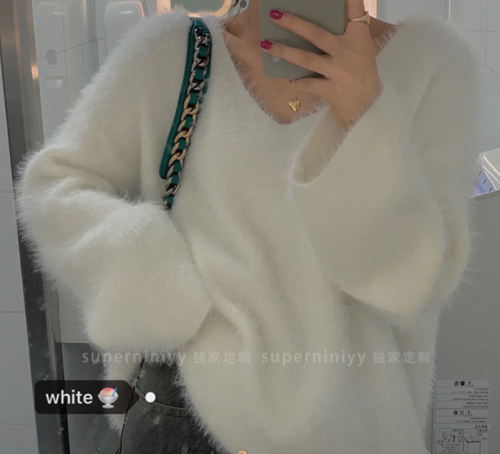 2021 new Korean soft wind hairy mink V-neck Pullover Sweater for women in autumn and winter