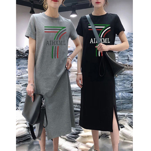 Summer short sleeve dress casual cover belly large women's loose medium length over knee T-shirt skirt