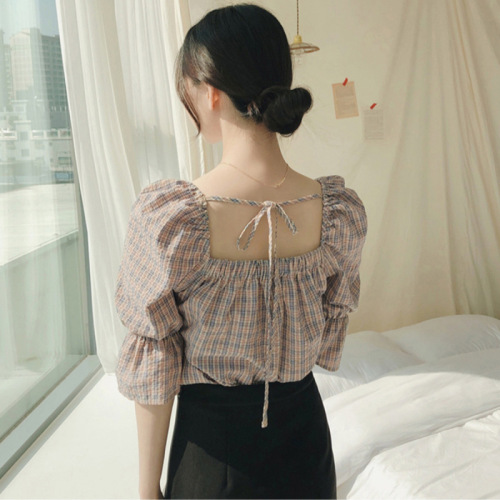 Plaid Shirt women's spring and summer small fragrant square collar trumpet sleeve western style retro sweet super fairy backless Blouse Top