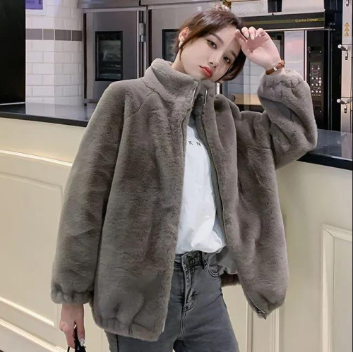 Impline mink wool fur coat female autumn and winter 2022 new standing collar foreign style and cotton to add thick warm lamb wool coat