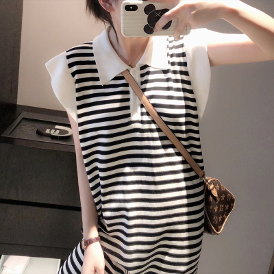 Feifei sleeve ice silk knitted dress women's black and white stripe collar casual loose skirt summer new