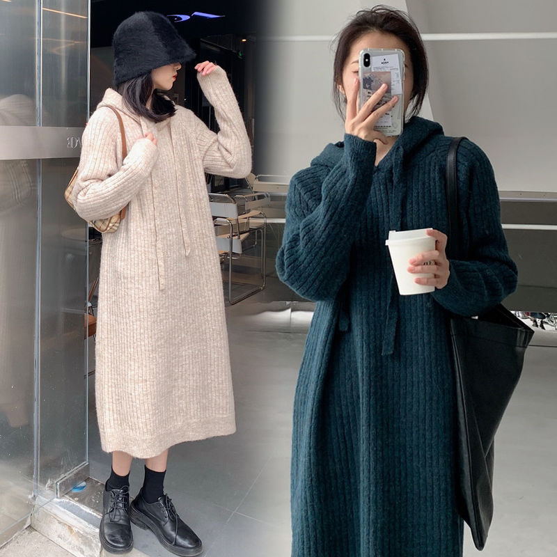 Hooded sweater sheep dress women's autumn and winter new loose thin medium long knee thick knitted skirt