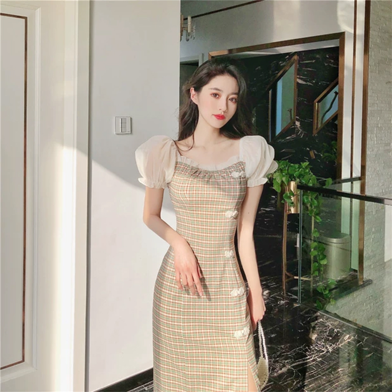 Summer new retro waist Check Dress slim split skirt modified cheongsam skirt