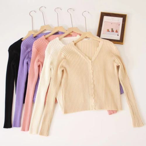 Early autumn  new chic thin knitted coat ins long sleeve temperament V-neck short top women's design