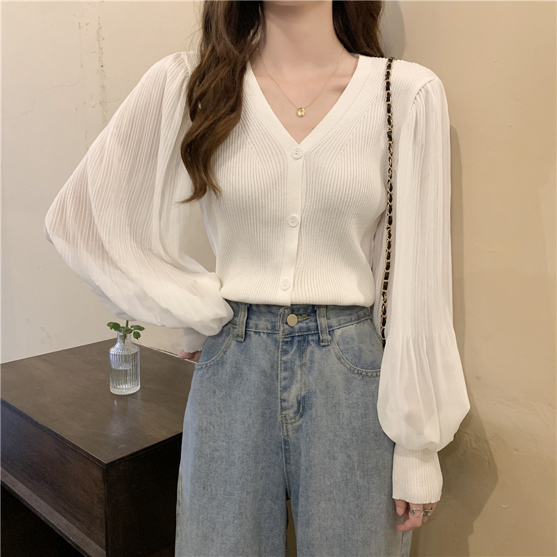 Korean Lantern Sleeve Sweater 21 autumn new French thin long sleeve casual top