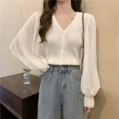 Korean Lantern Sleeve Sweater 21 autumn new French thin long sleeve casual top