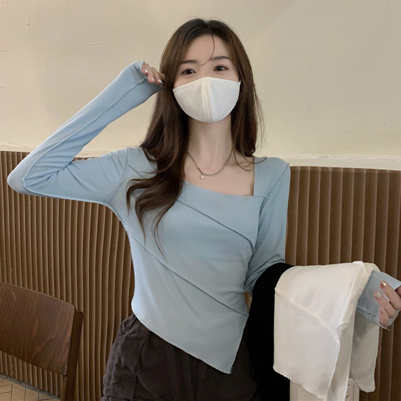 Real shot - ribbed pull frame 90% polyester 10 spandex irregular square collar long-sleeved T-shirt autumn Korean version