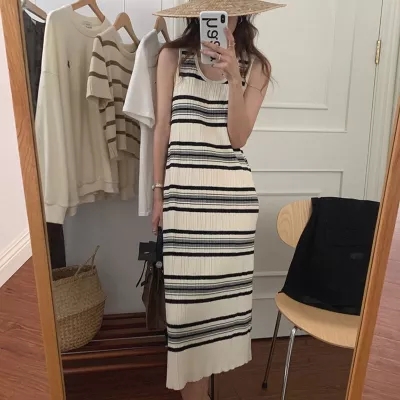 Korean chic spring and summer versatile round neck loose casual contrast stripe design sleeveless vest knitted dress women