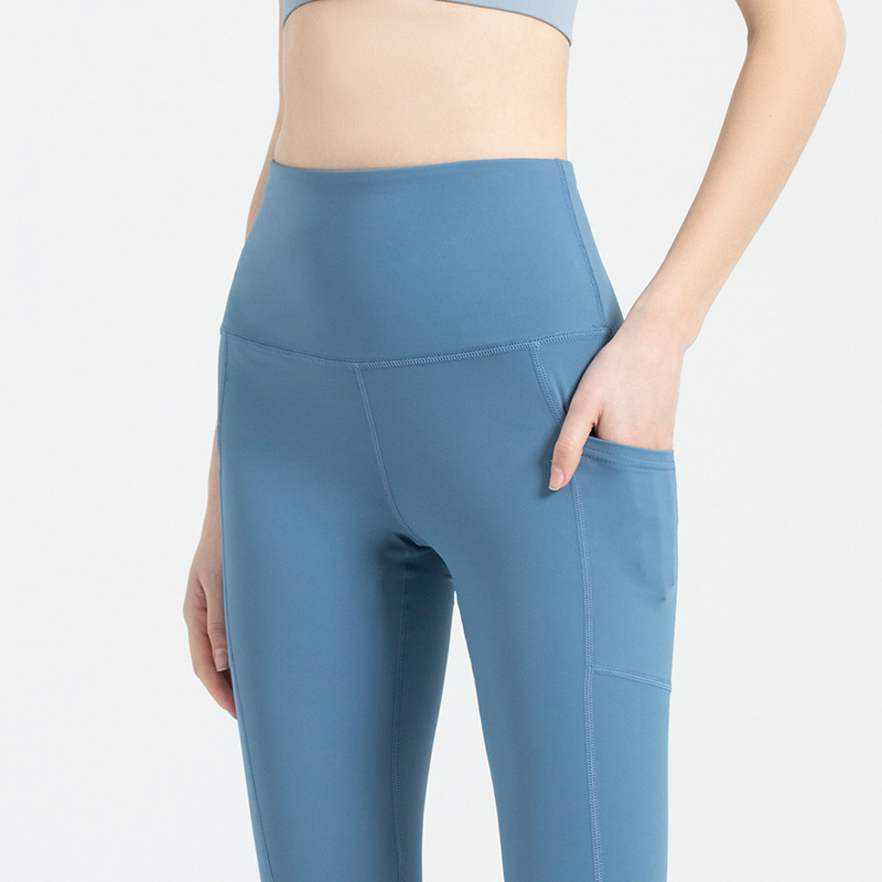 High waist pocket fitness pants women's European and American double-sided nylon elastic sports tights peach hip Yoga Pants