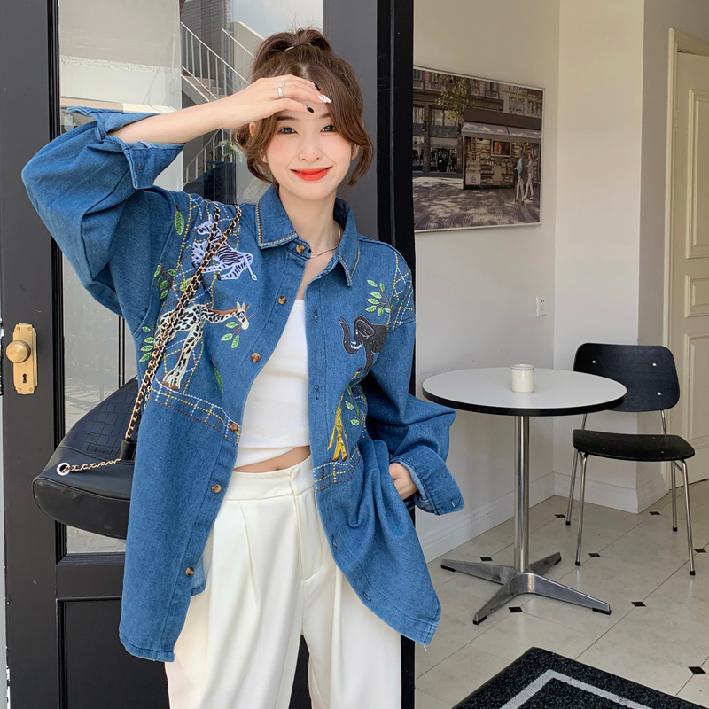 Real shot Retro heavy industry embroidery zoo denim shirt men and women vintage style casual long-sleeved top coat