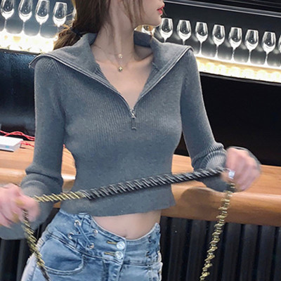 Net red pullover sweater women's new autumn long sleeve slim fit short exposed navel thin high neck sweater