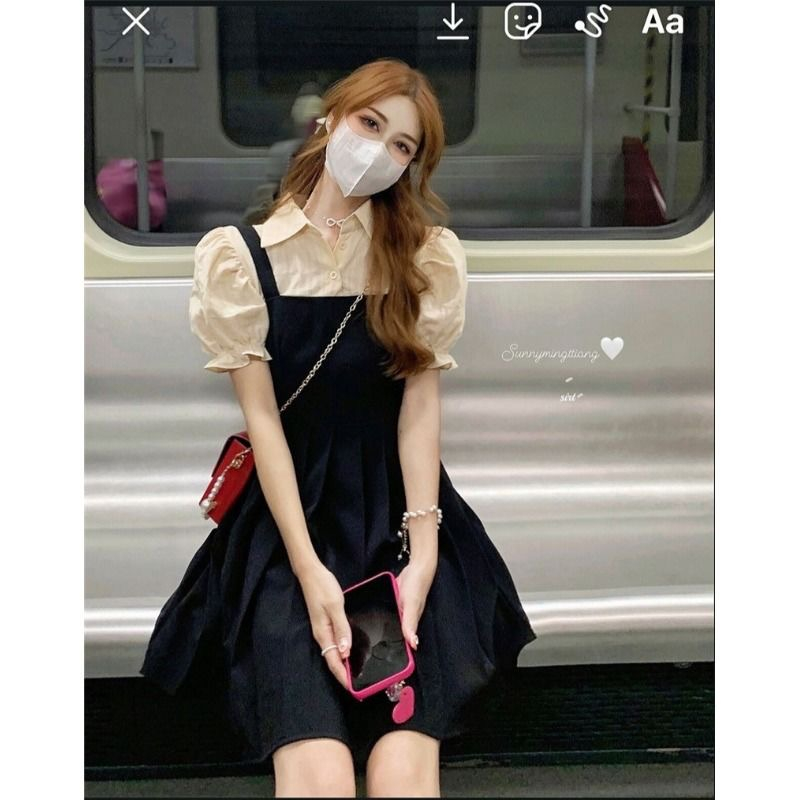 Summer small girls college style waist slimming fake two-piece polo collar puff sleeve splicing design sense dress