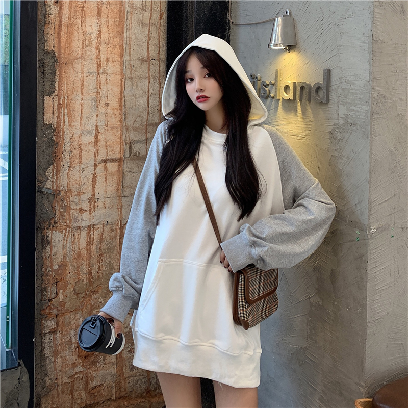 Real shot 15% cotton 85% fiber autumn hooded sweater women's design sense thin section stitching contrast color long-sleeved top