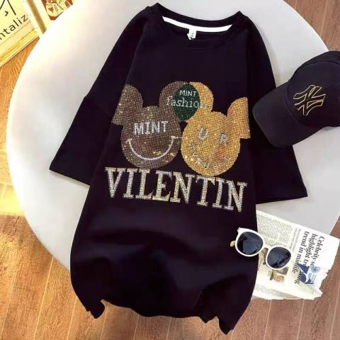 Popular large European heavy industry hot drill short sleeve t-shirt female cartoon bear print round neck diamond inlaid top