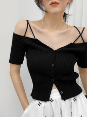 Summer slim short sleeve off shoulder suspender T-shirt women's design sense careful machine single breasted top