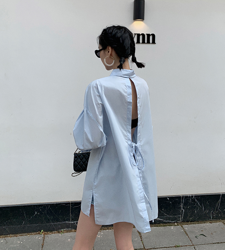 Real shot 2022 spring new style Hong Kong Style lazy boyfriend style BF design feeling backless lace up medium length blouse women