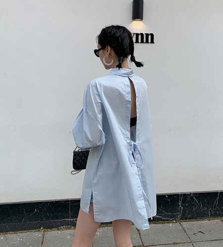 Real shot  spring new style Hong Kong Style lazy boyfriend style BF design feeling backless lace up medium length blouse women