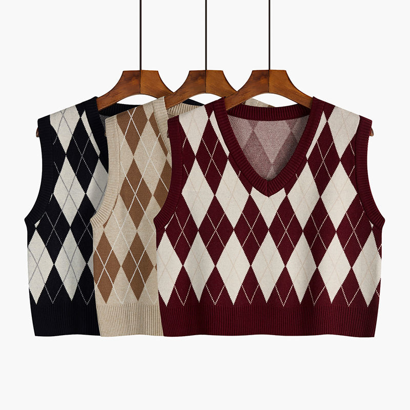 V-neck Lingge vest for women to wear outside spring and autumn 2021 New Vintage overlapped knitted vest short waistcoat