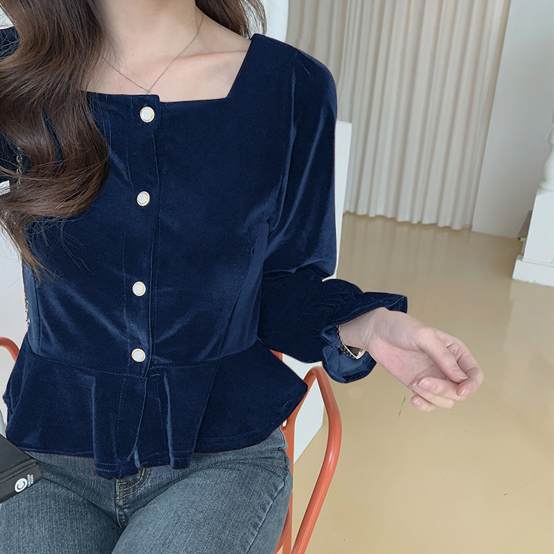 Spring new black square neck blouse women's light cooked French minority long sleeve high waist golden velvet shirt