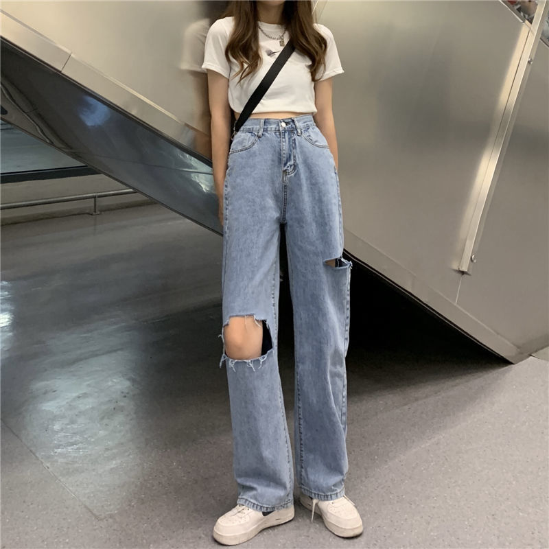 Korean Retro High waist straight cut jeans for women in summer