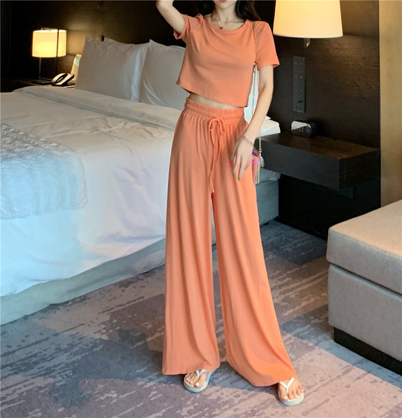 New solid slim short open navel short sleeve T-shirt + elastic high waist wide leg pants casual pants suit