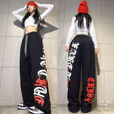 Black red and white floral trousers for women hip hop loose sports fashion dance jazz hiphop street dance ins dance pants