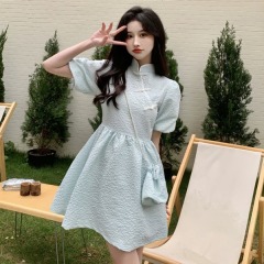 Improved cheongsam dress women's summer 2022 new French gentle style bubble sleeve A-line skirt gas skirt