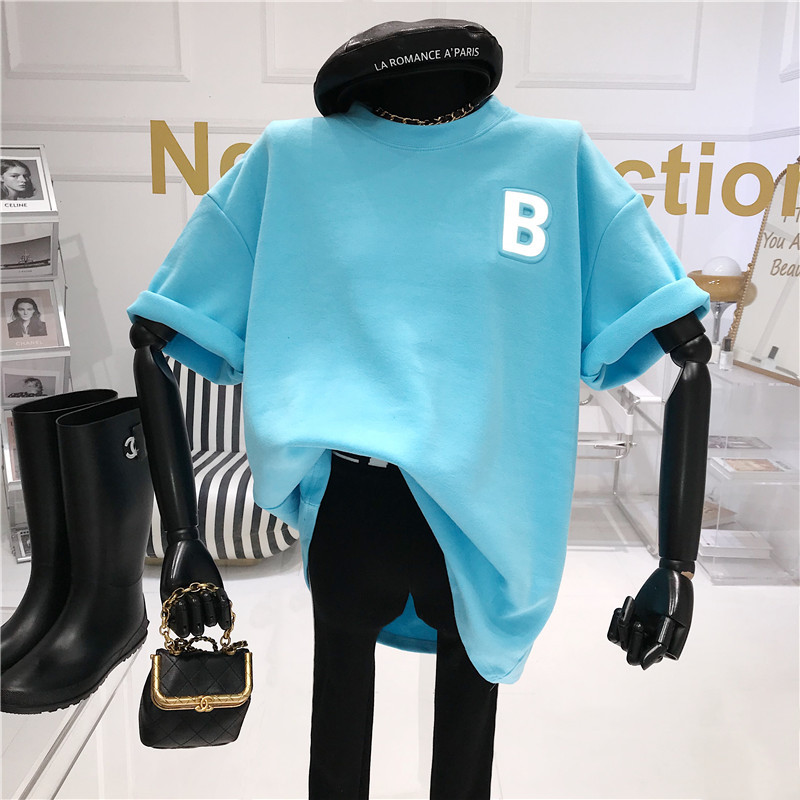 30 cotton 65 polyester fiber 5 spandex reflective letter short-sleeved t-shirt women's loose trendy early spring top