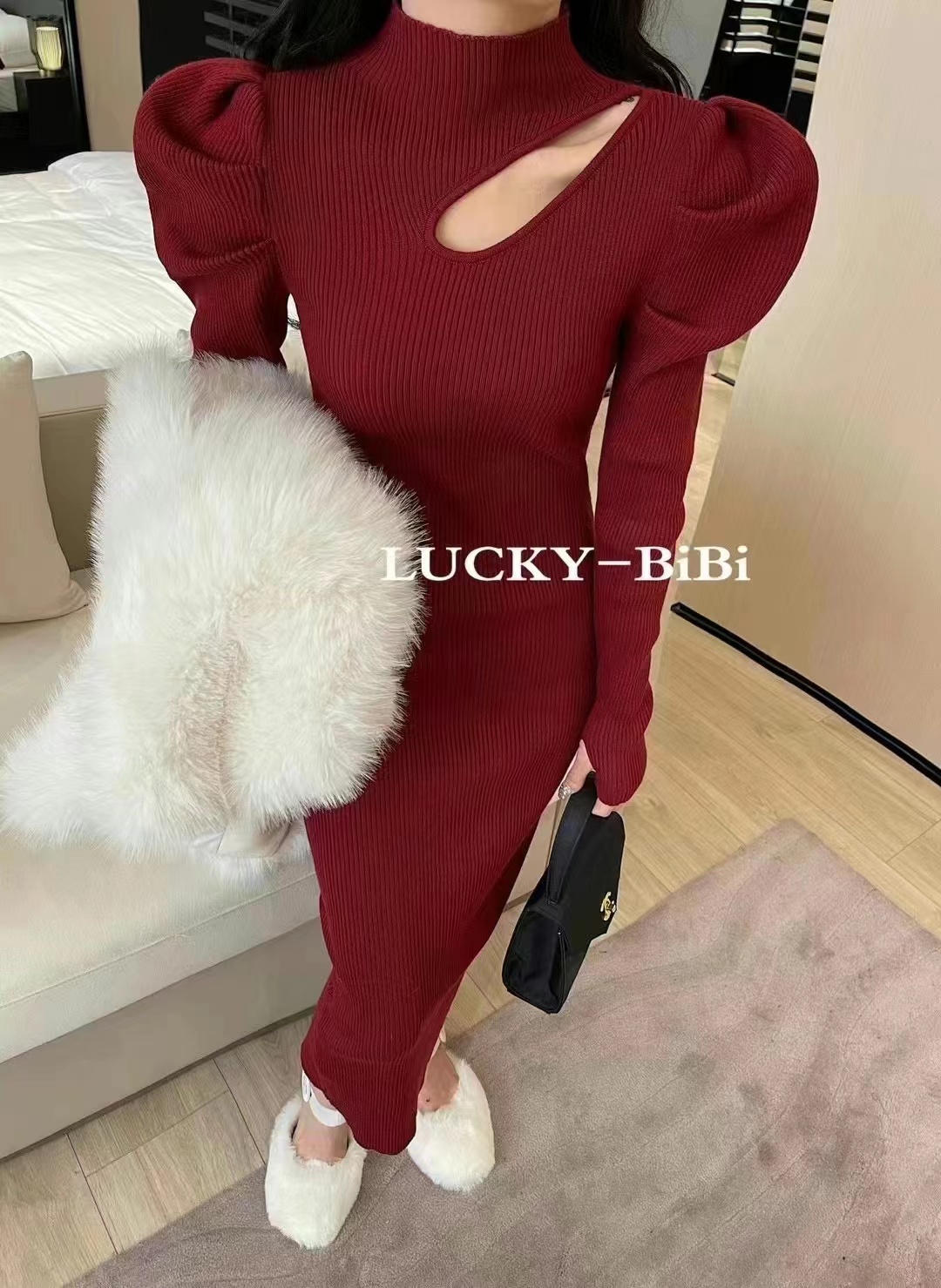 Autumn and winter long sweater skirt women's knee-high half-high collar bottoming inner slim knitted dress mid-length skirt