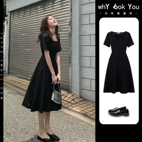 2021 summer Hepburn style French retro square collar small black dress with waist down and over knee temperament